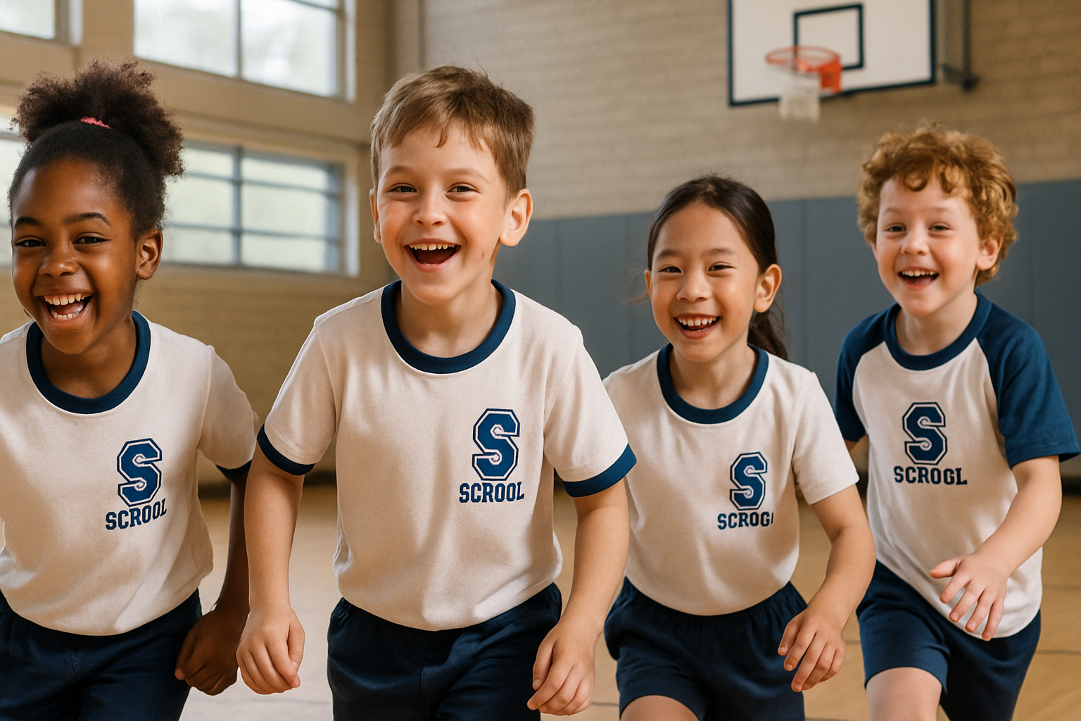 Elementary students in custom PE uniforms