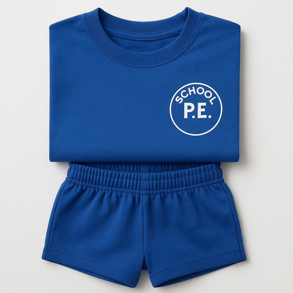 Custom printed PE uniform kit with school logo, T-shirt and shorts