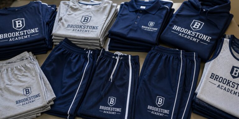 Custom PE uniforms with school logo folded on a gym bench