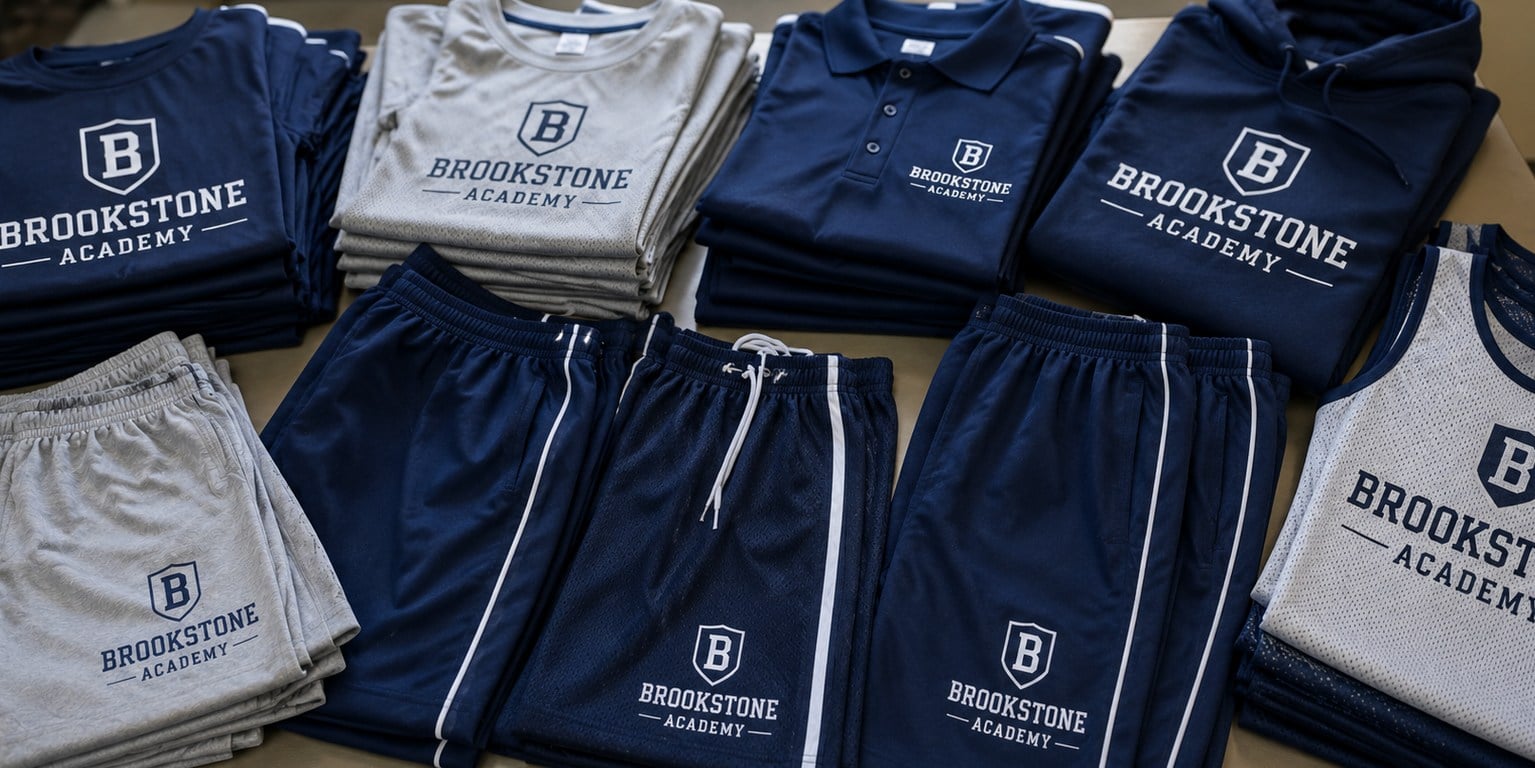 Custom PE uniforms with school logo folded on a gym bench